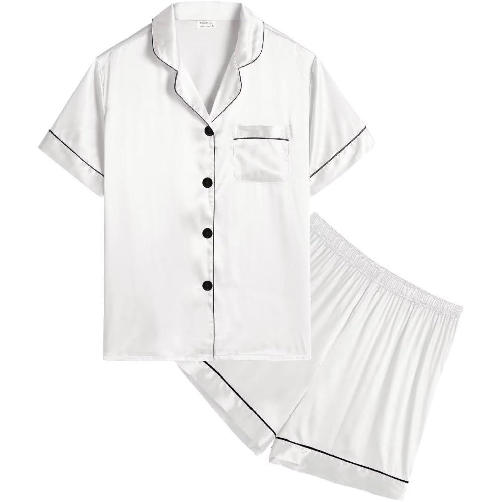 imageSWOMOG Kids Satin Pajamas Sets Girls Boys ButtonDown Pjs Short Sleeve Silk Nightwear 2 Piece Lounge SetsWhite