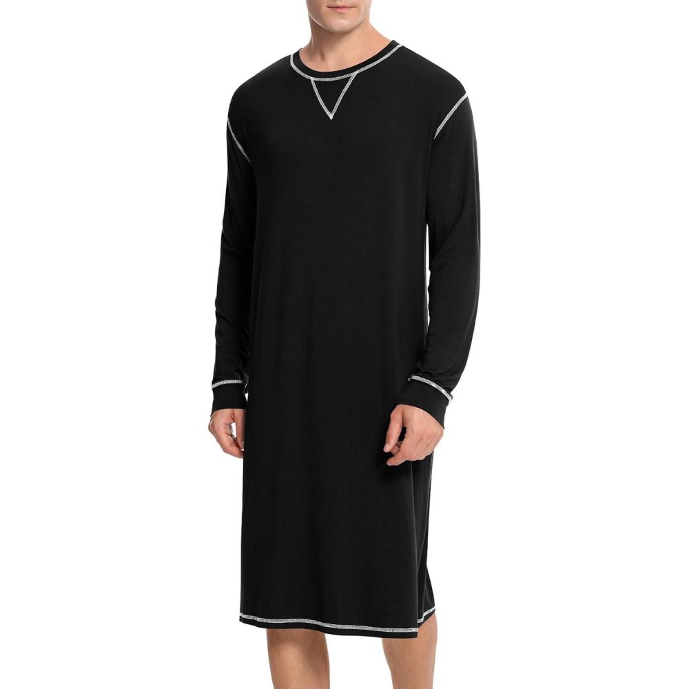 imageSWOMOG Mens Nightgown Long Sleeve Lounge Sleep Henley Shirt Pajama Big amp Tall Nightshirt Comfy Nightwear SXXLBlack