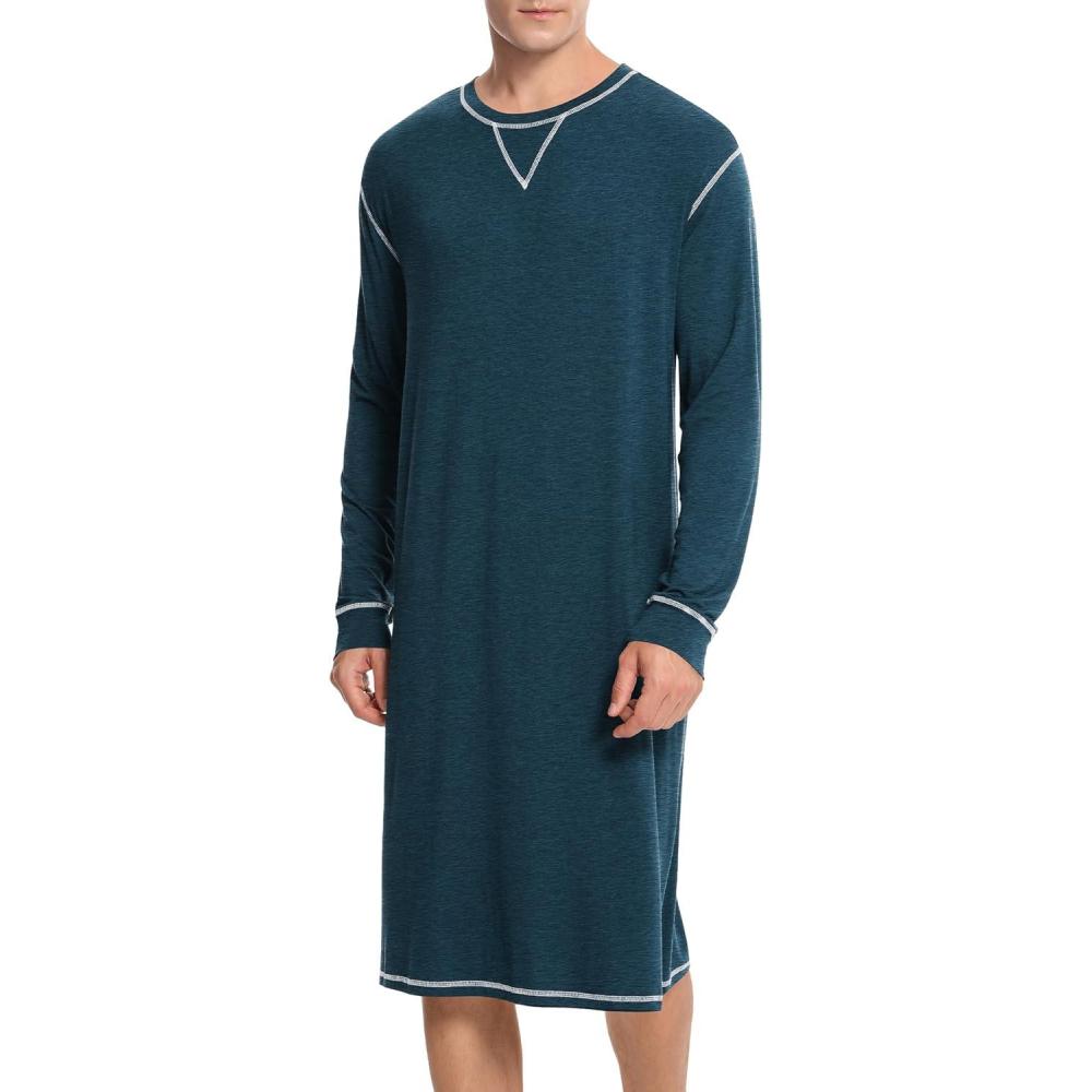 imageSWOMOG Mens Nightgown Long Sleeve Lounge Sleep Henley Shirt Pajama Big amp Tall Nightshirt Comfy Nightwear SXXLBlue Green