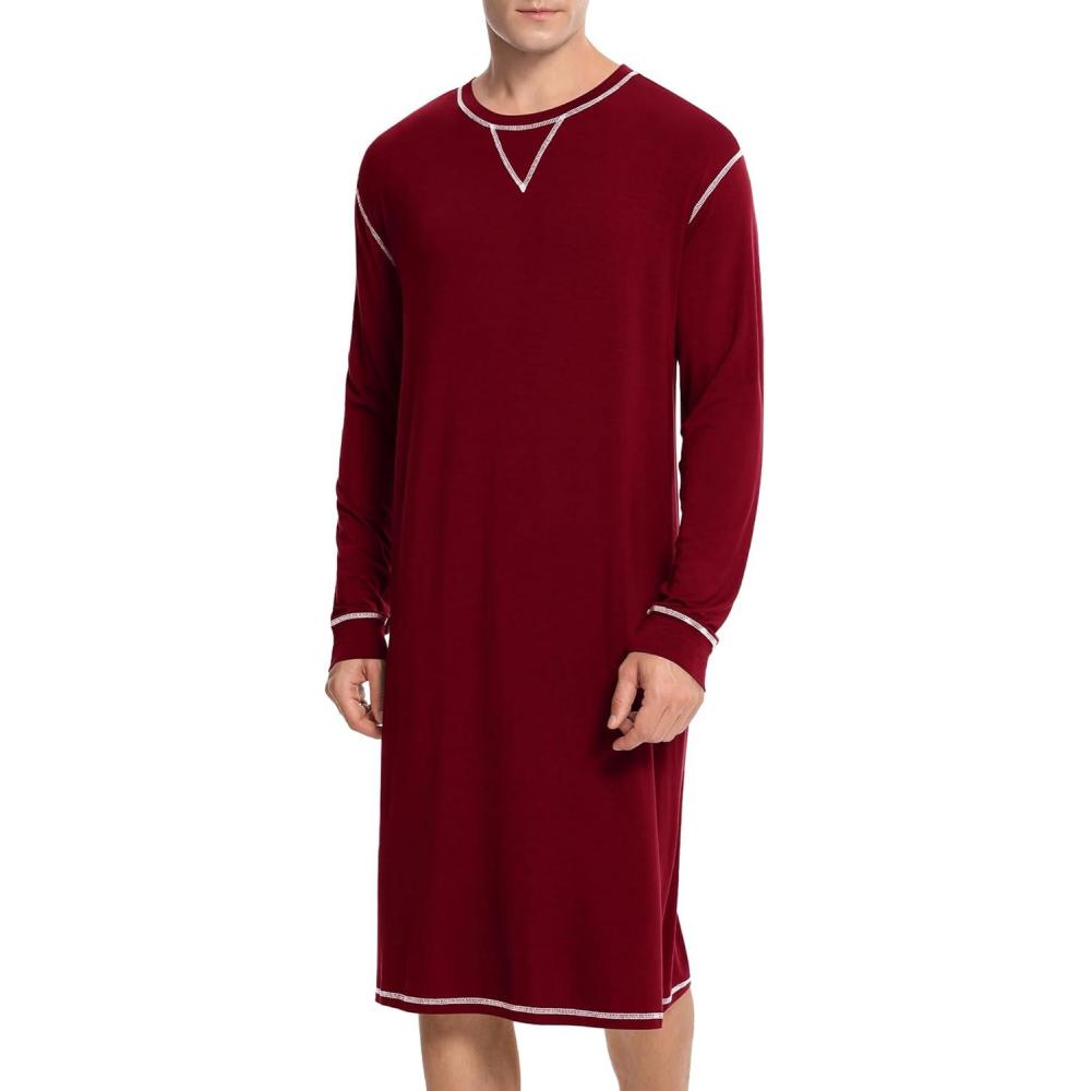 imageSWOMOG Mens Nightgown Long Sleeve Lounge Sleep Henley Shirt Pajama Big amp Tall Nightshirt Comfy Nightwear SXXLDeep Wine Red