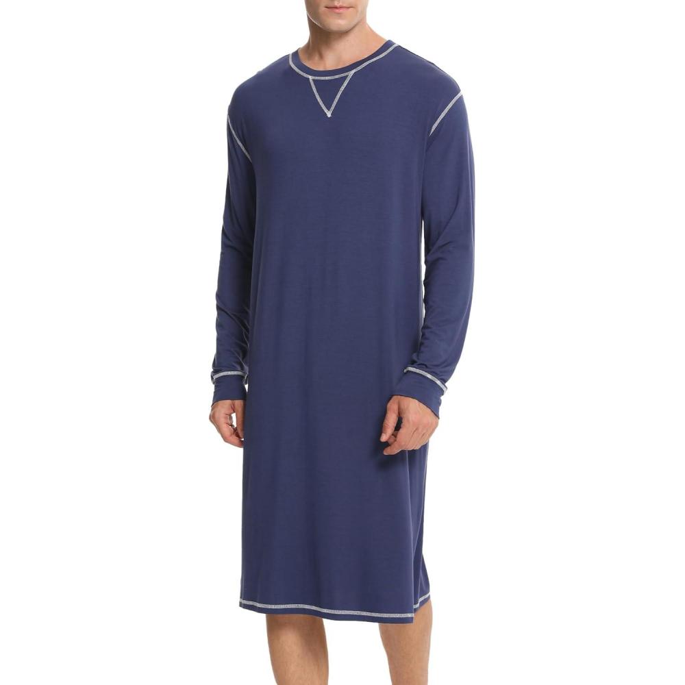imageSWOMOG Mens Nightgown Long Sleeve Lounge Sleep Henley Shirt Pajama Big amp Tall Nightshirt Comfy Nightwear SXXLNavy Blue