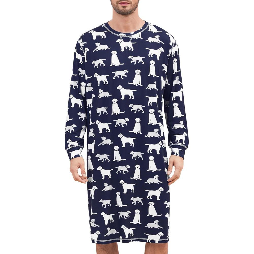 imageSWOMOG Mens Nightgown Long Sleeve Lounge Sleep Henley Shirt Pajama Big amp Tall Nightshirt Comfy Nightwear SXXLNavy Blue Dogs