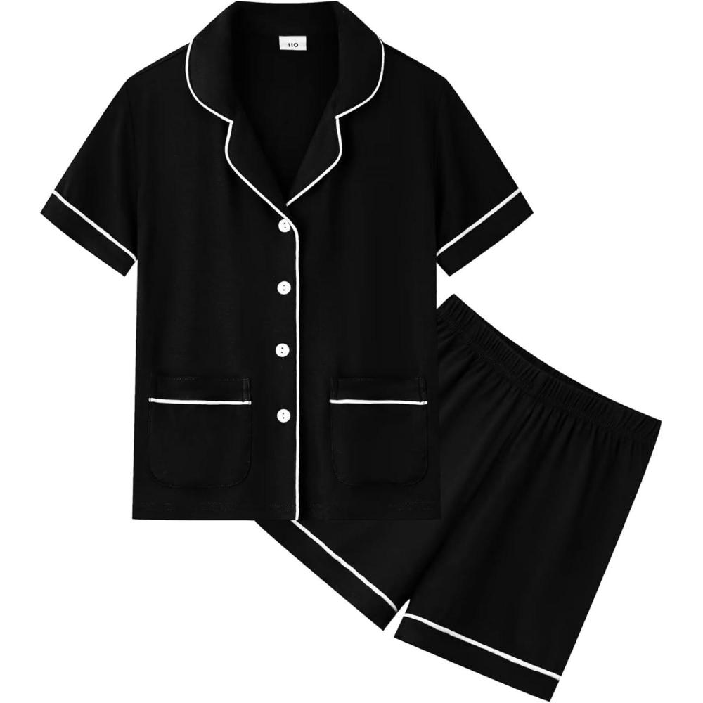 imageSWOMOG Unisex Girls Boys Soft Pajamas Set ButtonDown PJs Short Sleeve Sleepwear Toddler Cute Lounge Sets2 Pocketblack