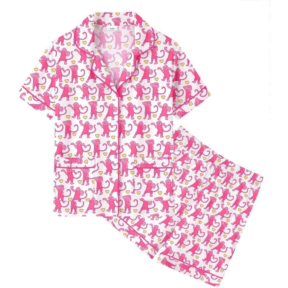 imageSWOMOG Unisex Girls Boys Soft Pajamas Set ButtonDown PJs Short Sleeve Sleepwear Toddler Cute Lounge Sets2 Pocketblsuh Pink Monkey