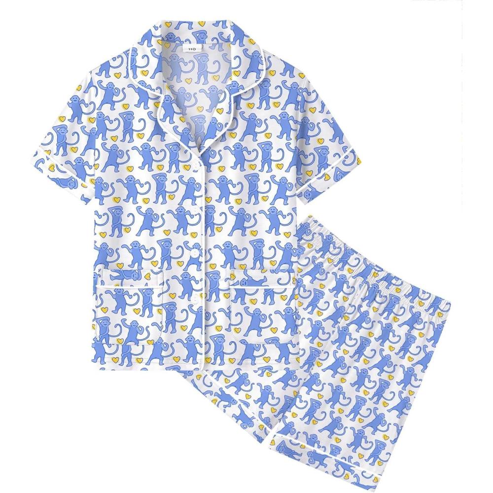 imageSWOMOG Unisex Girls Boys Soft Pajamas Set ButtonDown PJs Short Sleeve Sleepwear Toddler Cute Lounge Sets2 Pocketblue Monkey