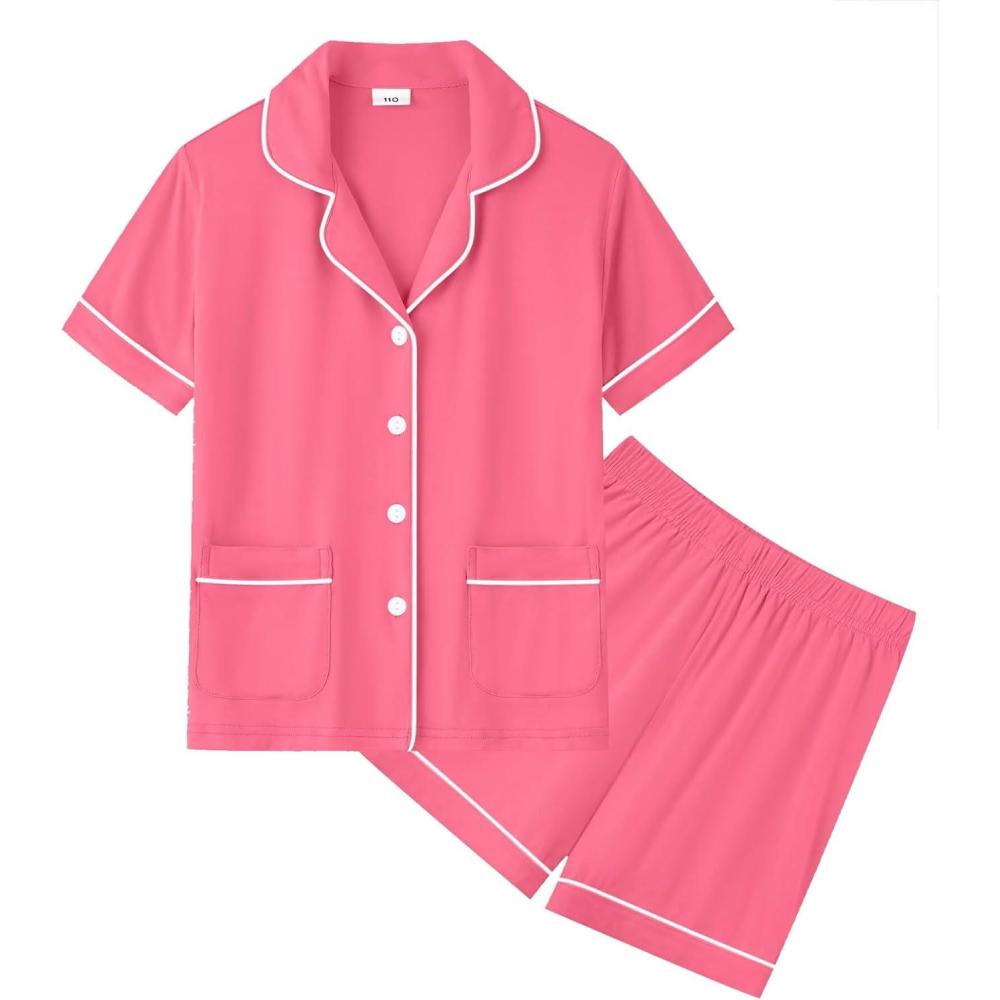 imageSWOMOG Unisex Girls Boys Soft Pajamas Set ButtonDown PJs Short Sleeve Sleepwear Toddler Cute Lounge Sets2 Pocketcoral