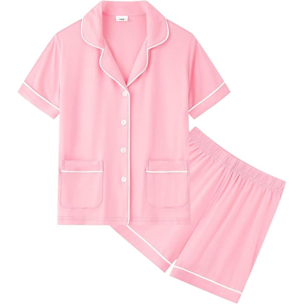 imageSWOMOG Unisex Girls Boys Soft Pajamas Set ButtonDown PJs Short Sleeve Sleepwear Toddler Cute Lounge Sets2 Pocketpink