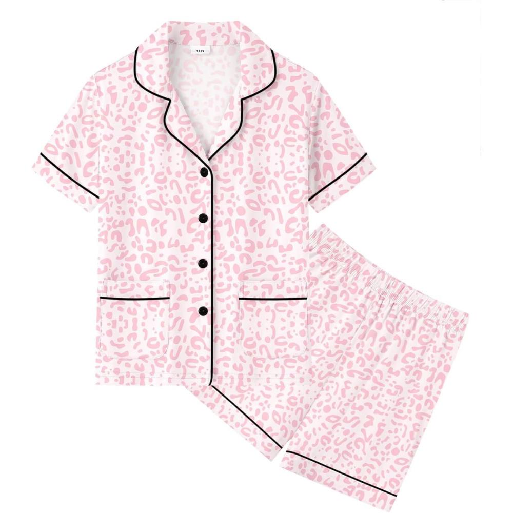 imageSWOMOG Unisex Girls Boys Soft Pajamas Set ButtonDown PJs Short Sleeve Sleepwear Toddler Cute Lounge Sets2 Pocketpink Leopard