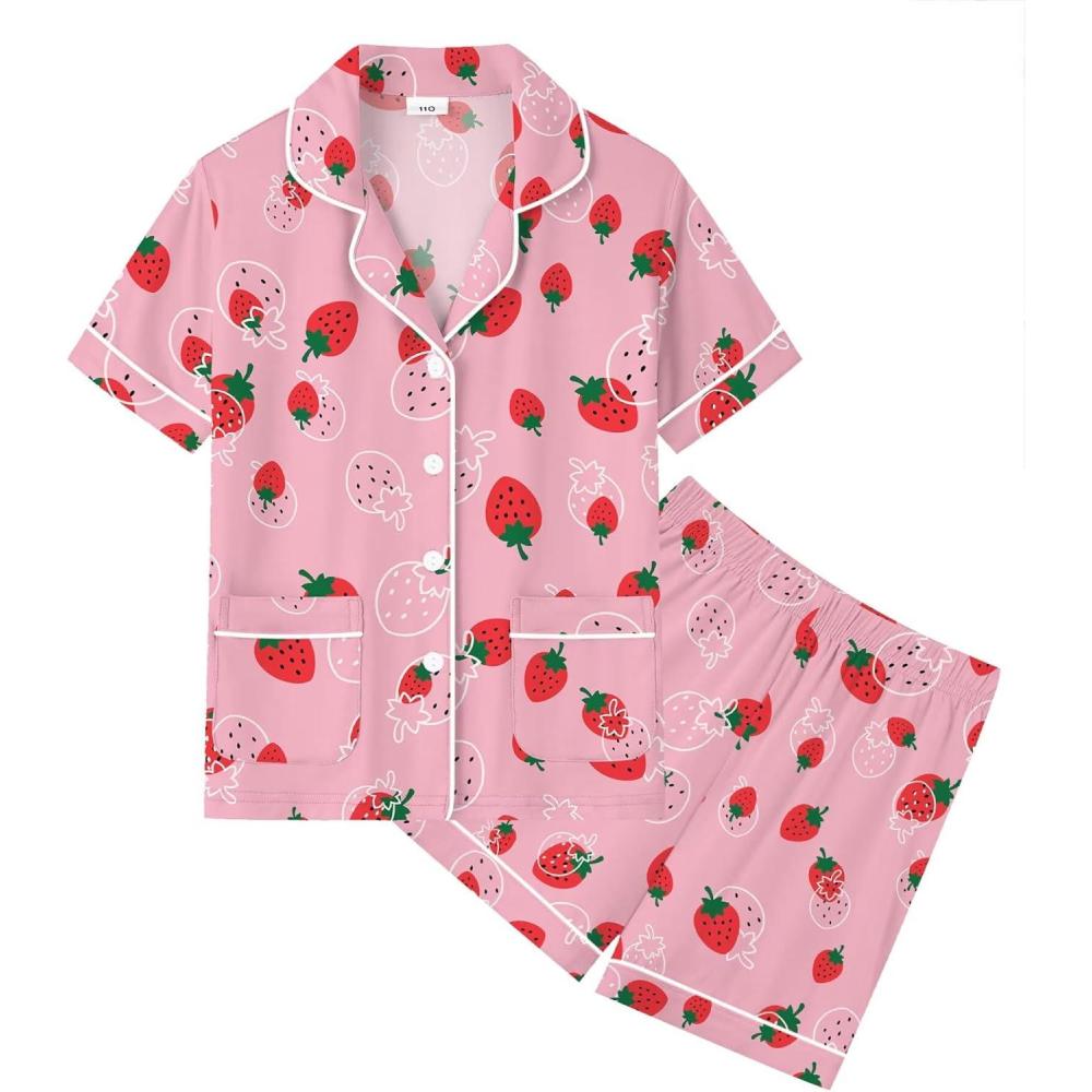 imageSWOMOG Unisex Girls Boys Soft Pajamas Set ButtonDown PJs Short Sleeve Sleepwear Toddler Cute Lounge Sets2 Pocketpink Strawberry