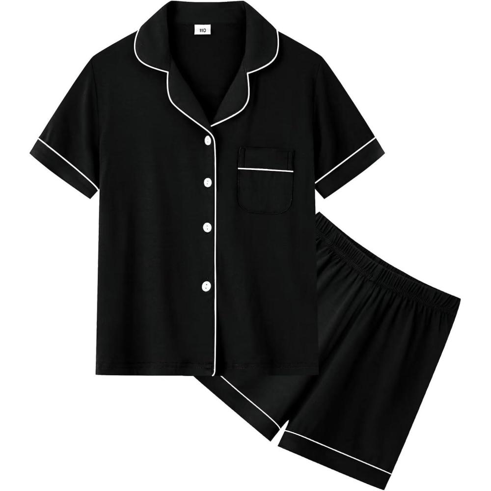 imageSWOMOG Unisex Girls Boys Soft Pajamas Set ButtonDown PJs Short Sleeve Sleepwear Toddler Cute Lounge SetsBlack