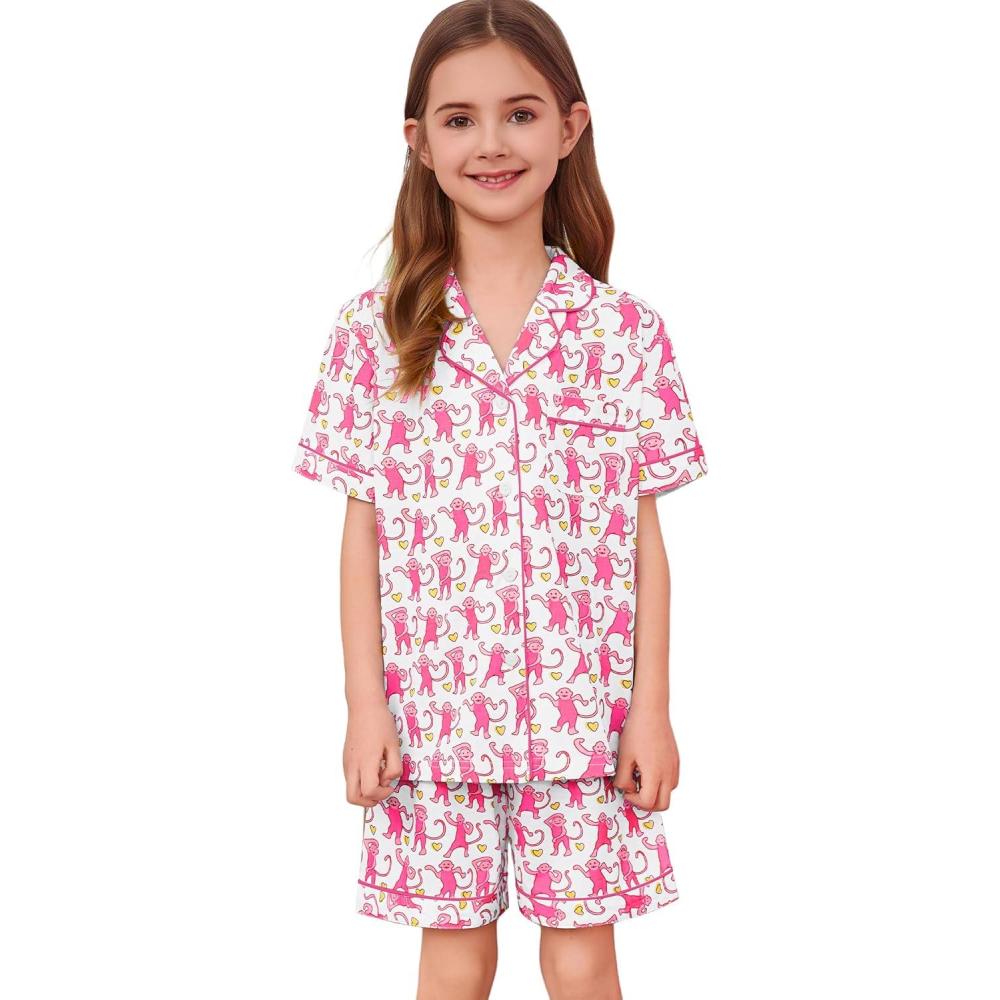 imageSWOMOG Unisex Girls Boys Soft Pajamas Set ButtonDown PJs Short Sleeve Sleepwear Toddler Cute Lounge SetsBlsuh Pink Monkey