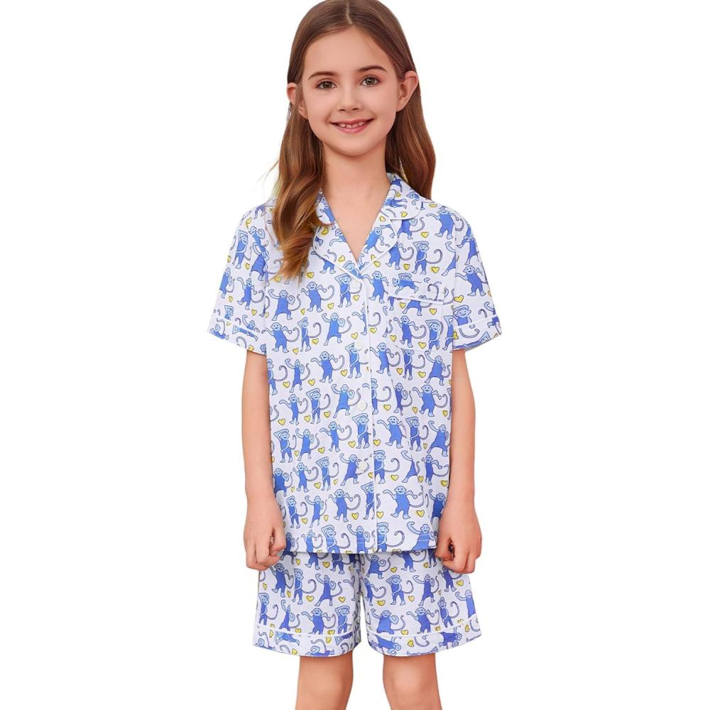imageSWOMOG Unisex Girls Boys Soft Pajamas Set ButtonDown PJs Short Sleeve Sleepwear Toddler Cute Lounge SetsBlue Monkey