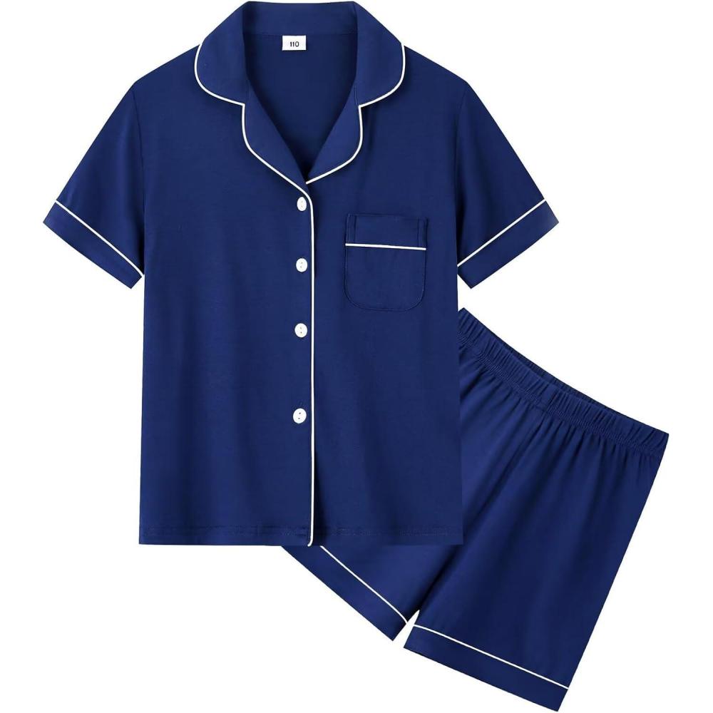 imageSWOMOG Unisex Girls Boys Soft Pajamas Set ButtonDown PJs Short Sleeve Sleepwear Toddler Cute Lounge SetsNavy