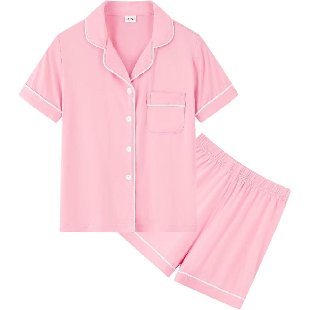 imageSWOMOG Unisex Girls Boys Soft Pajamas Set ButtonDown PJs Short Sleeve Sleepwear Toddler Cute Lounge SetsPink