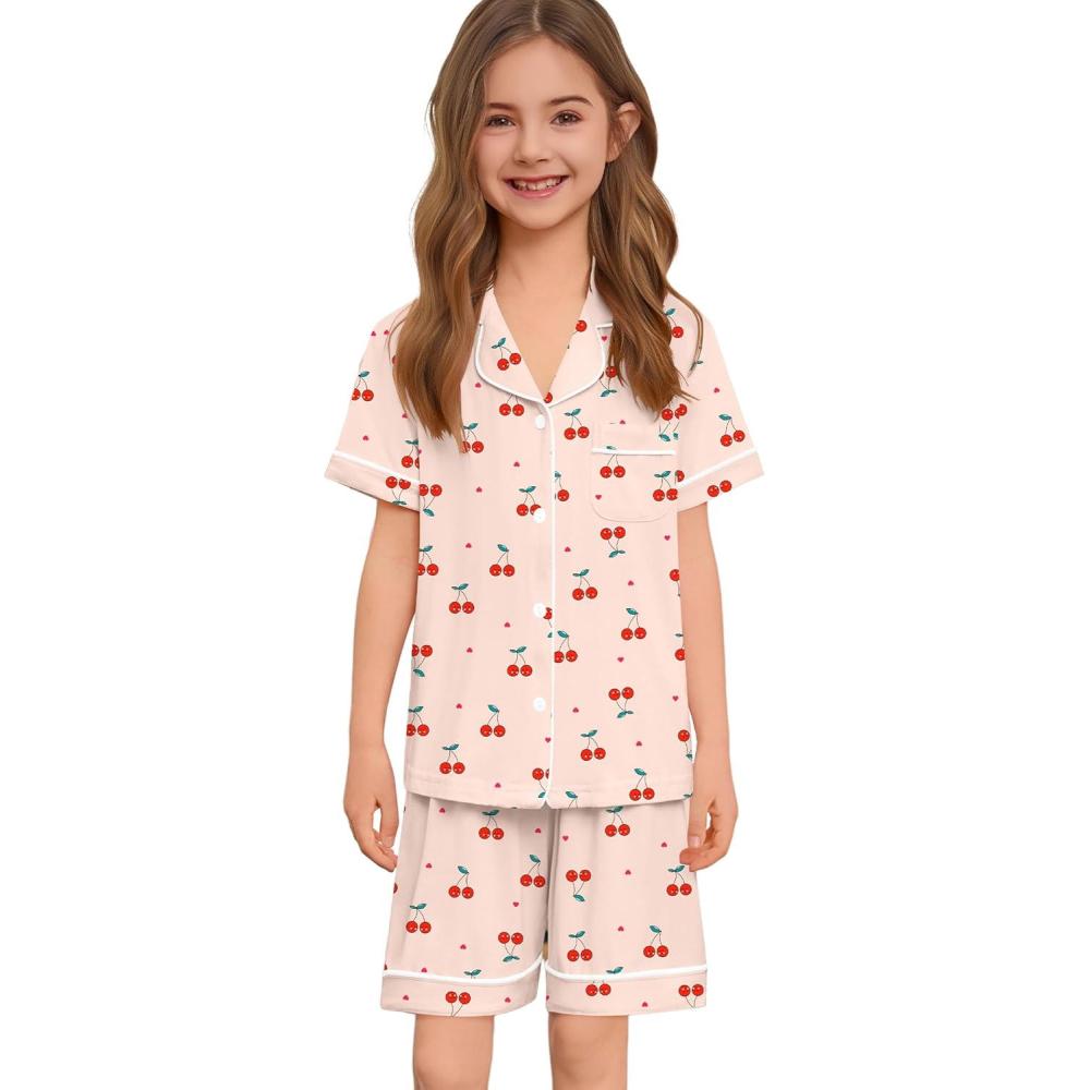 imageSWOMOG Unisex Girls Boys Soft Pajamas Set ButtonDown PJs Short Sleeve Sleepwear Toddler Cute Lounge SetsYellow Cherry