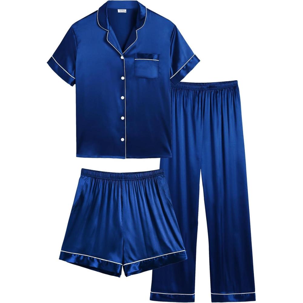 imageSWOMOG Women Plus Size Pajama Set Button Down Pjs 3pcs Silk Satin Sleepwear Loose Shorts Sleeve Loungewear 18W26WNavy Blue
