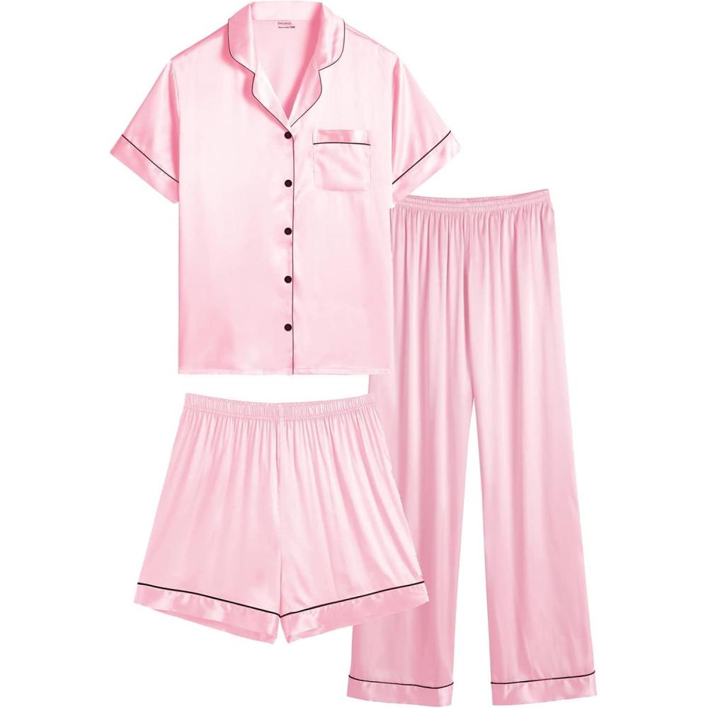 imageSWOMOG Women Plus Size Pajama Set Button Down Pjs 3pcs Silk Satin Sleepwear Loose Shorts Sleeve Loungewear 18W26WPink