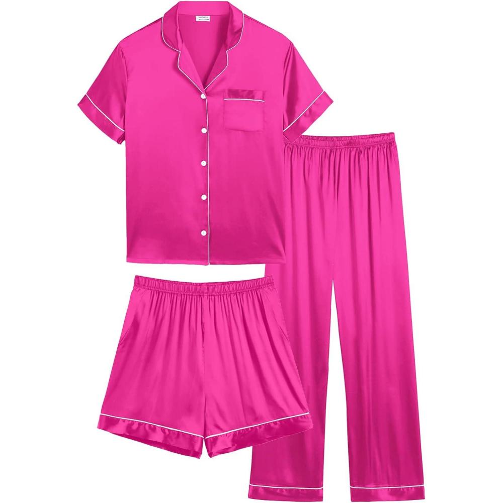imageSWOMOG Women Plus Size Pajama Set Button Down Pjs 3pcs Silk Satin Sleepwear Loose Shorts Sleeve Loungewear 18W26WRose Red