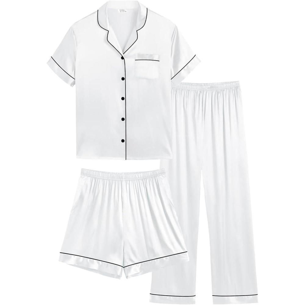 imageSWOMOG Women Plus Size Pajama Set Button Down Pjs 3pcs Silk Satin Sleepwear Loose Shorts Sleeve Loungewear 18W26WWhite