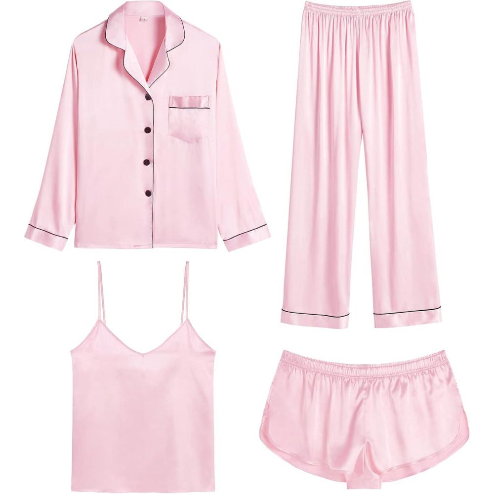 imageSWOMOG Women Satin Pajamas 4pcs Pajama Set Sexy Cami Shorts Set and Button Down Long Sleeve Pjs Loungewear Sleepwear PinkSmall