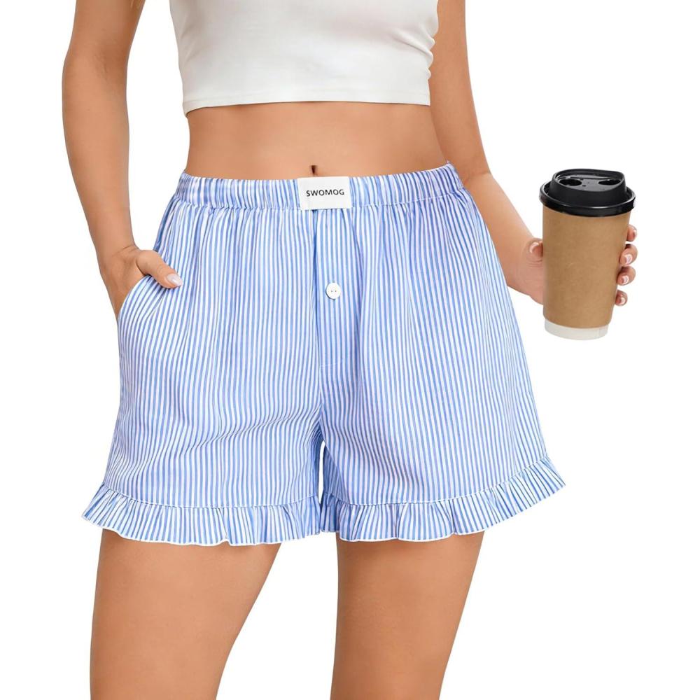 imageSWOMOG Womens 100 cotton Boxer Shorts Pajama Ruffle Gingham Shorts Summer Casual Lounge Sleep Bottoms Pockets 2026 TrendyLight Blue Striped