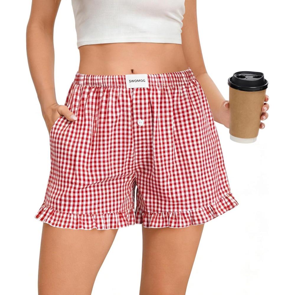imageSWOMOG Womens 100 cotton Boxer Shorts Pajama Ruffle Gingham Shorts Summer Casual Lounge Sleep Bottoms Pockets 2026 TrendyRed White Plaid