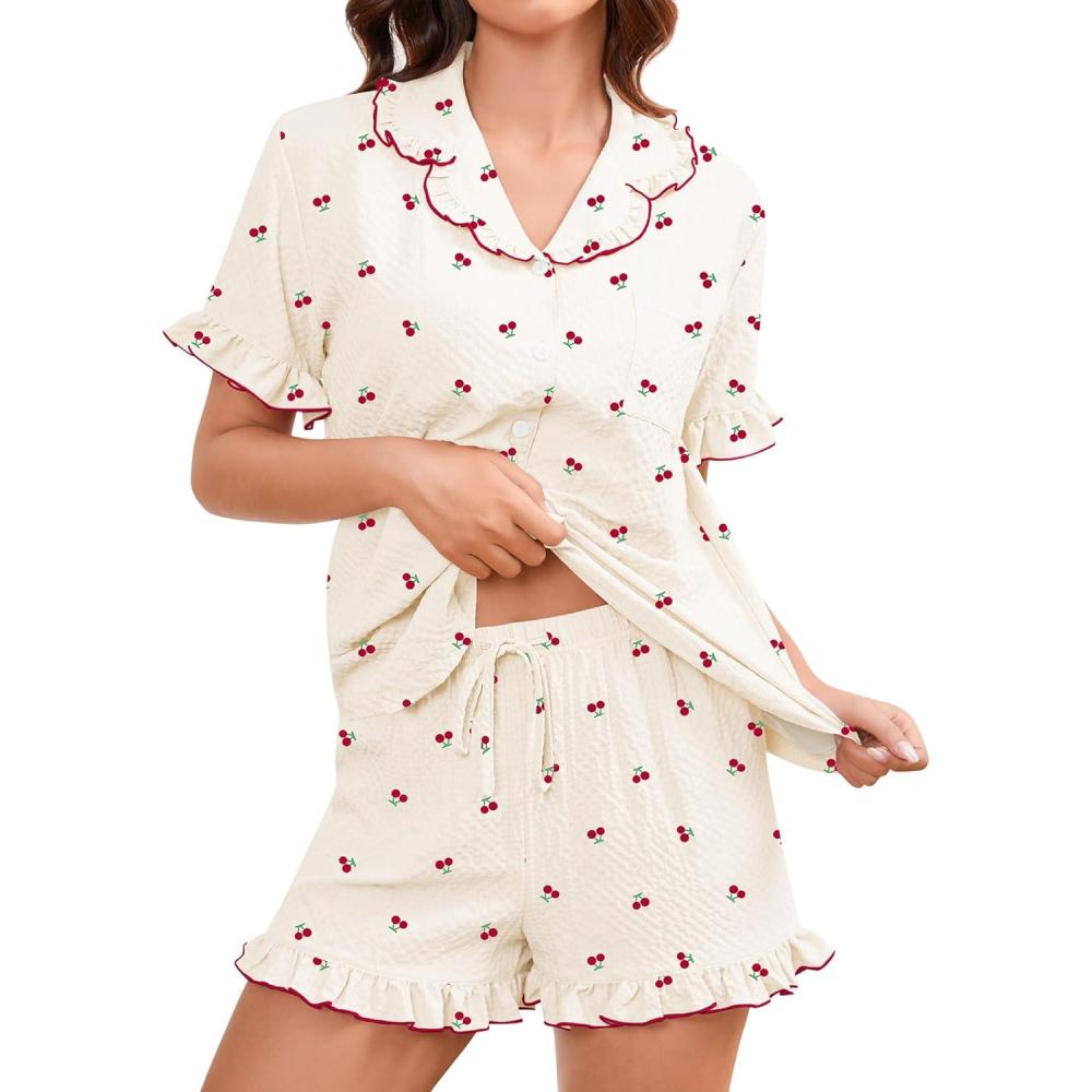 imageSWOMOG Womens Pajama Sets Cute Ruffle Matching PJs Sleepwear Button Down Short Sleeve Loungewear 2 Piece PJ SetBeige Cherry