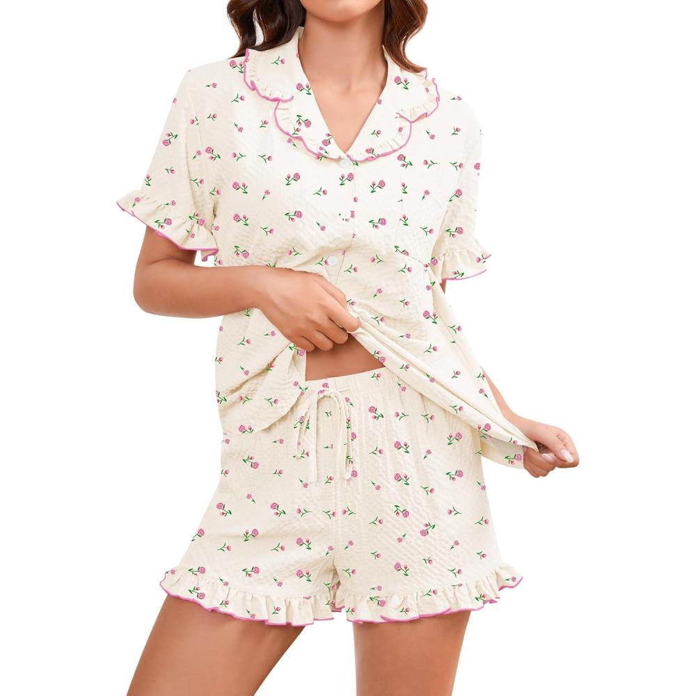 imageSWOMOG Womens Pajama Sets Cute Ruffle Matching PJs Sleepwear Button Down Short Sleeve Loungewear 2 Piece PJ SetBeige Flower
