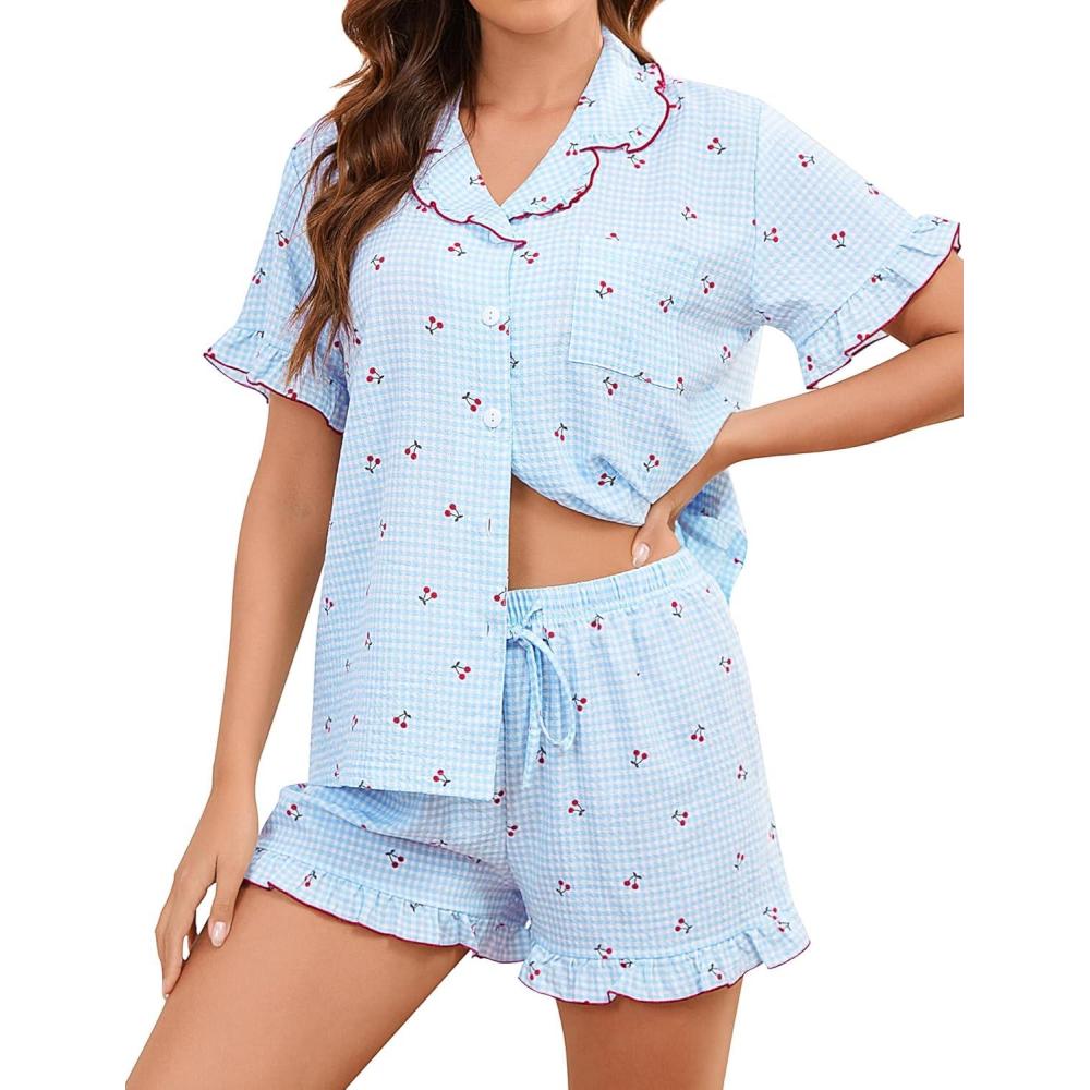 imageSWOMOG Womens Pajama Sets Cute Ruffle Matching PJs Sleepwear Button Down Short Sleeve Loungewear 2 Piece PJ SetBlue Plaid Cherry