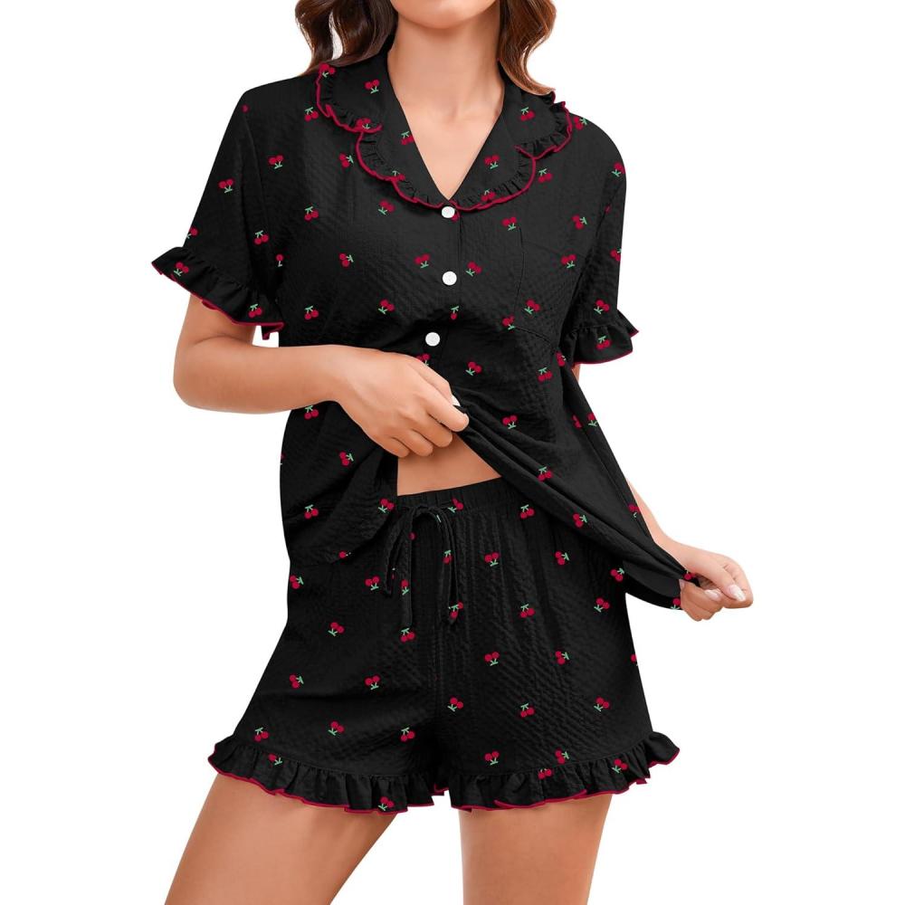 imageSWOMOG Womens Pajama Sets Cute Ruffle Matching PJs Sleepwear Button Down Short Sleeve Loungewear 2 Piece PJ SetCherry Black