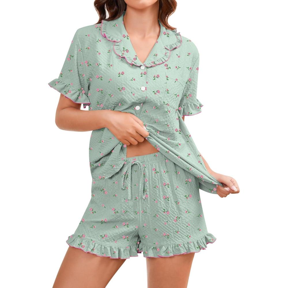 imageSWOMOG Womens Pajama Sets Cute Ruffle Matching PJs Sleepwear Button Down Short Sleeve Loungewear 2 Piece PJ SetGreen Flower