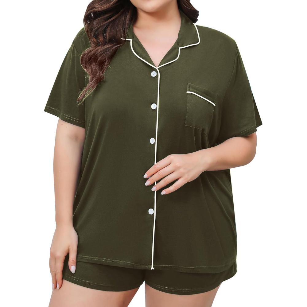 imageSWOMOG Womens Plus Size Pajamas Set Button Down Tops Short Sleeve Sleepwear Soft Pajama Shorts 2 Pcs Lounge Sets With PocketArmy Green