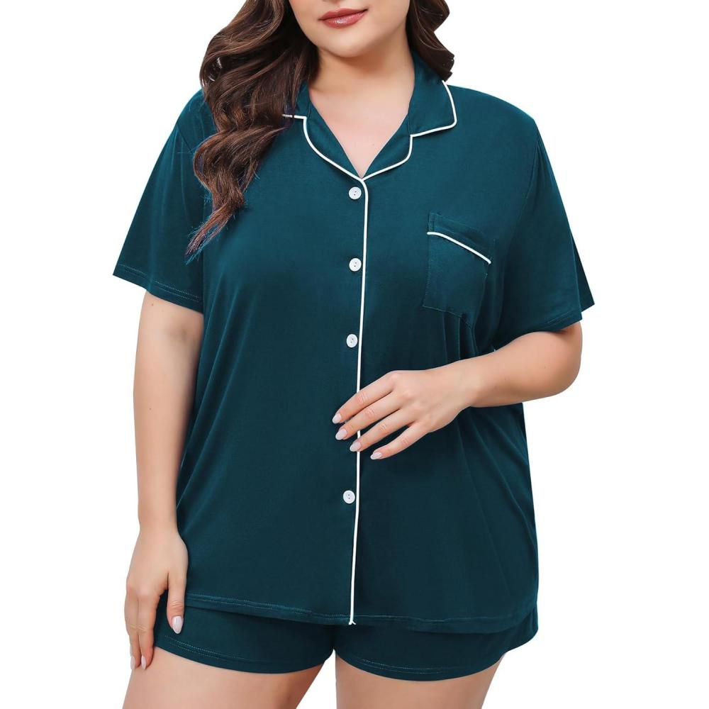 imageSWOMOG Womens Plus Size Pajamas Set Button Down Tops Short Sleeve Sleepwear Soft Pajama Shorts 2 Pcs Lounge Sets With PocketBlue Green