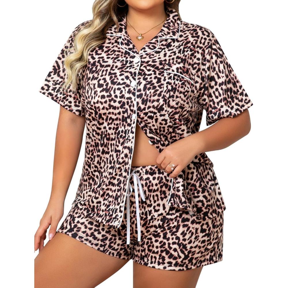 imageSWOMOG Womens Plus Size Pajamas Set Button Down Tops Short Sleeve Sleepwear Soft Pajama Shorts 2 Pcs Lounge Sets With PocketBrown Leopard