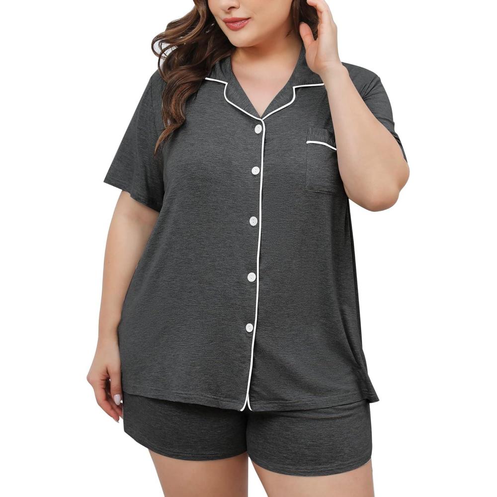 imageSWOMOG Womens Plus Size Pajamas Set Button Down Tops Short Sleeve Sleepwear Soft Pajama Shorts 2 Pcs Lounge Sets With PocketDark Gary