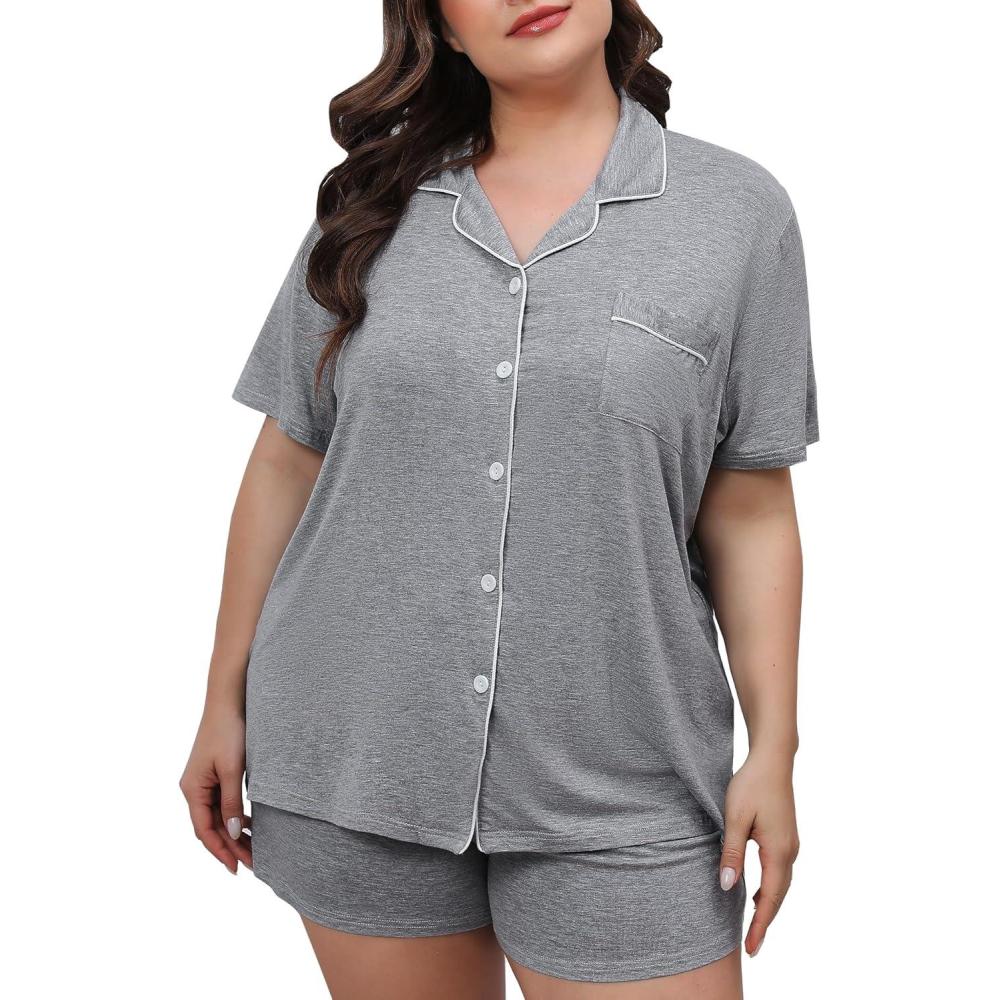 imageSWOMOG Womens Plus Size Pajamas Set Button Down Tops Short Sleeve Sleepwear Soft Pajama Shorts 2 Pcs Lounge Sets With PocketGary