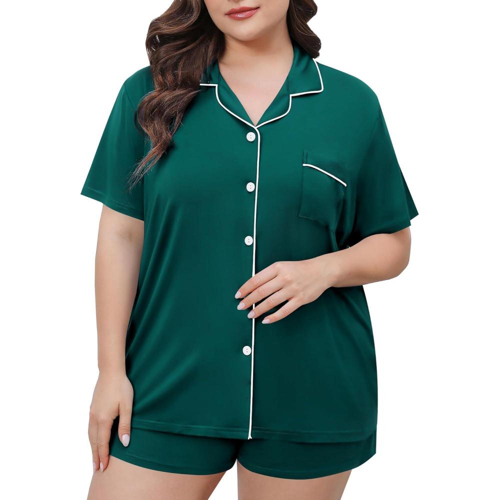 imageSWOMOG Womens Plus Size Pajamas Set Button Down Tops Short Sleeve Sleepwear Soft Pajama Shorts 2 Pcs Lounge Sets With PocketGreen