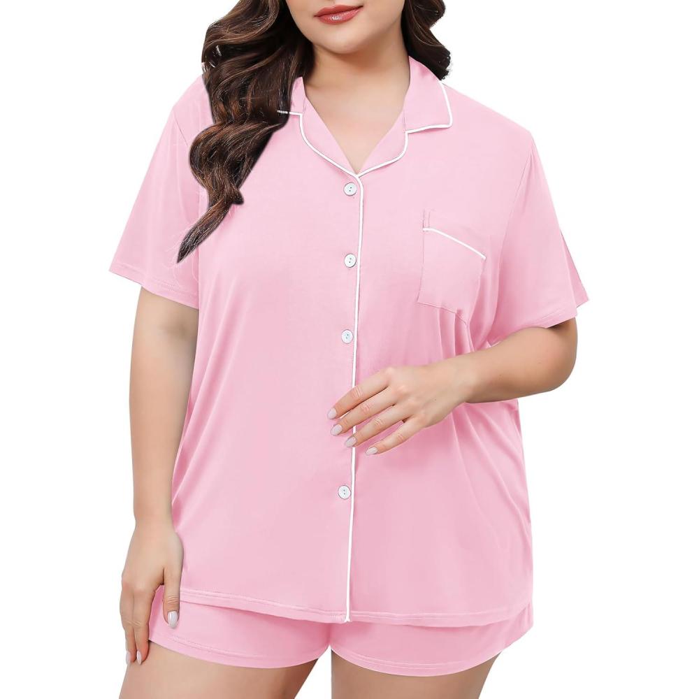 imageSWOMOG Womens Plus Size Pajamas Set Button Down Tops Short Sleeve Sleepwear Soft Pajama Shorts 2 Pcs Lounge Sets With PocketPink