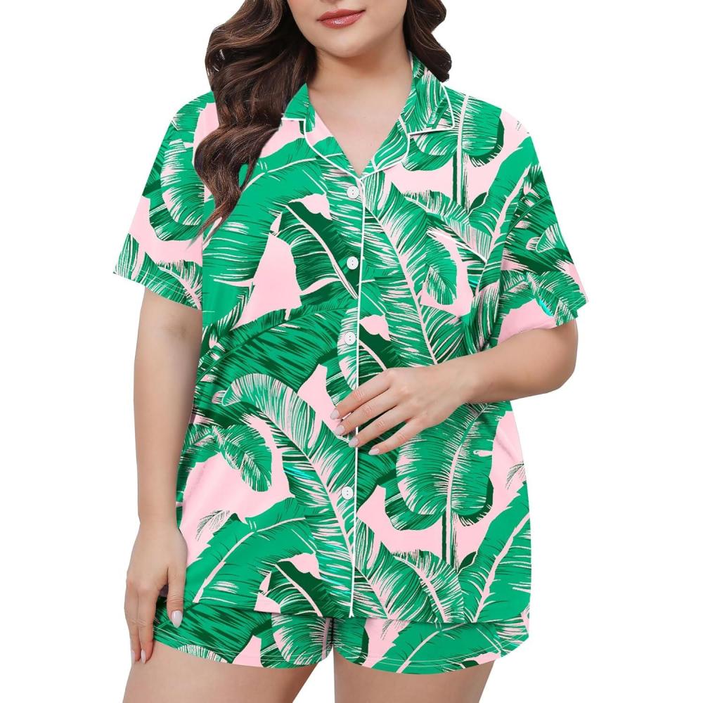 imageSWOMOG Womens Plus Size Pajamas Set Button Down Tops Short Sleeve Sleepwear Soft Pajama Shorts 2 Pcs Lounge Sets With PocketPink Leaves