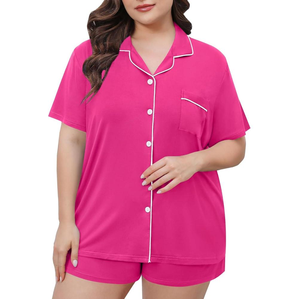 imageSWOMOG Womens Plus Size Pajamas Set Button Down Tops Short Sleeve Sleepwear Soft Pajama Shorts 2 Pcs Lounge Sets With PocketRose Red
