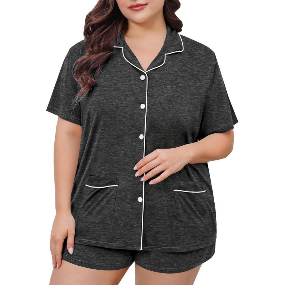 imageSWOMOG Womens Plus Size Pajamas Set Button Down Tops Short Sleeve Sleepwear Soft Pajama Shorts 2 Pcs Lounge Sets With PocketTwo Pocketsdark Gray