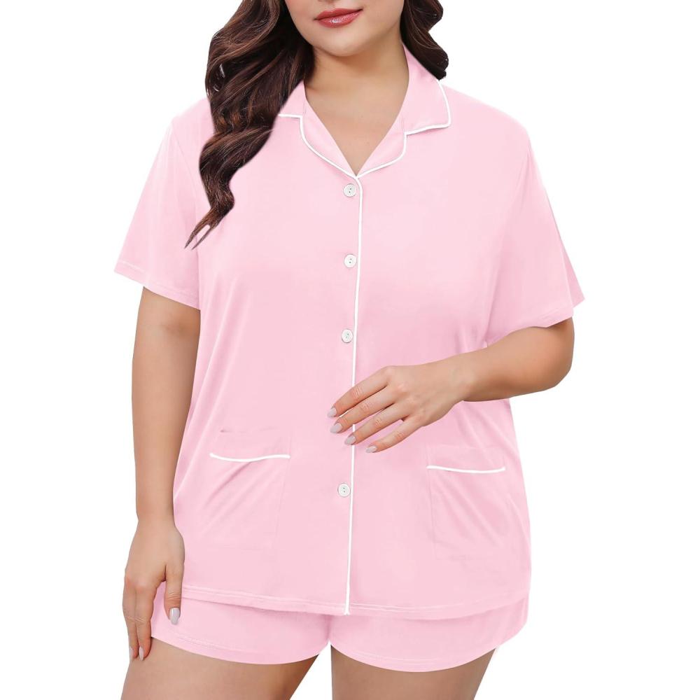 imageSWOMOG Womens Plus Size Pajamas Set Button Down Tops Short Sleeve Sleepwear Soft Pajama Shorts 2 Pcs Lounge Sets With PocketTwo Pocketslight Pink