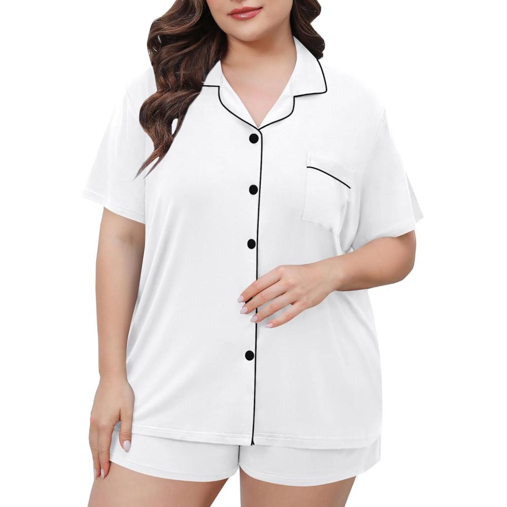 imageSWOMOG Womens Plus Size Pajamas Set Button Down Tops Short Sleeve Sleepwear Soft Pajama Shorts 2 Pcs Lounge Sets With PocketWhite
