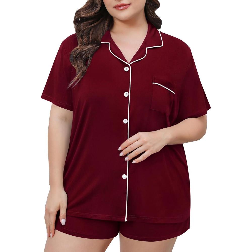 imageSWOMOG Womens Plus Size Pajamas Set Button Down Tops Short Sleeve Sleepwear Soft Pajama Shorts 2 Pcs Lounge Sets With PocketWine Red