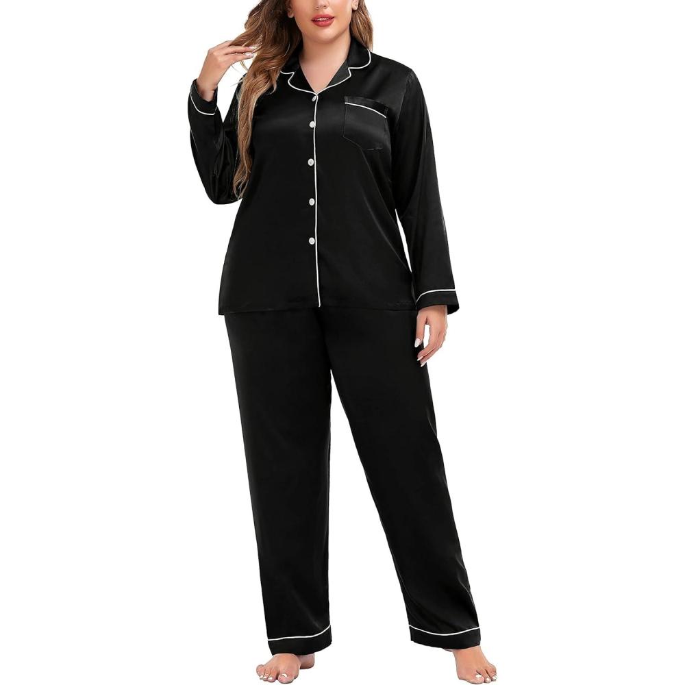 imageSWOMOG Womens Plus Size Pajamas Silky Pajama Set Button Down Sleepwear Classic Silk Pj Set Ladies Two Piece Loungewear SetBlack
