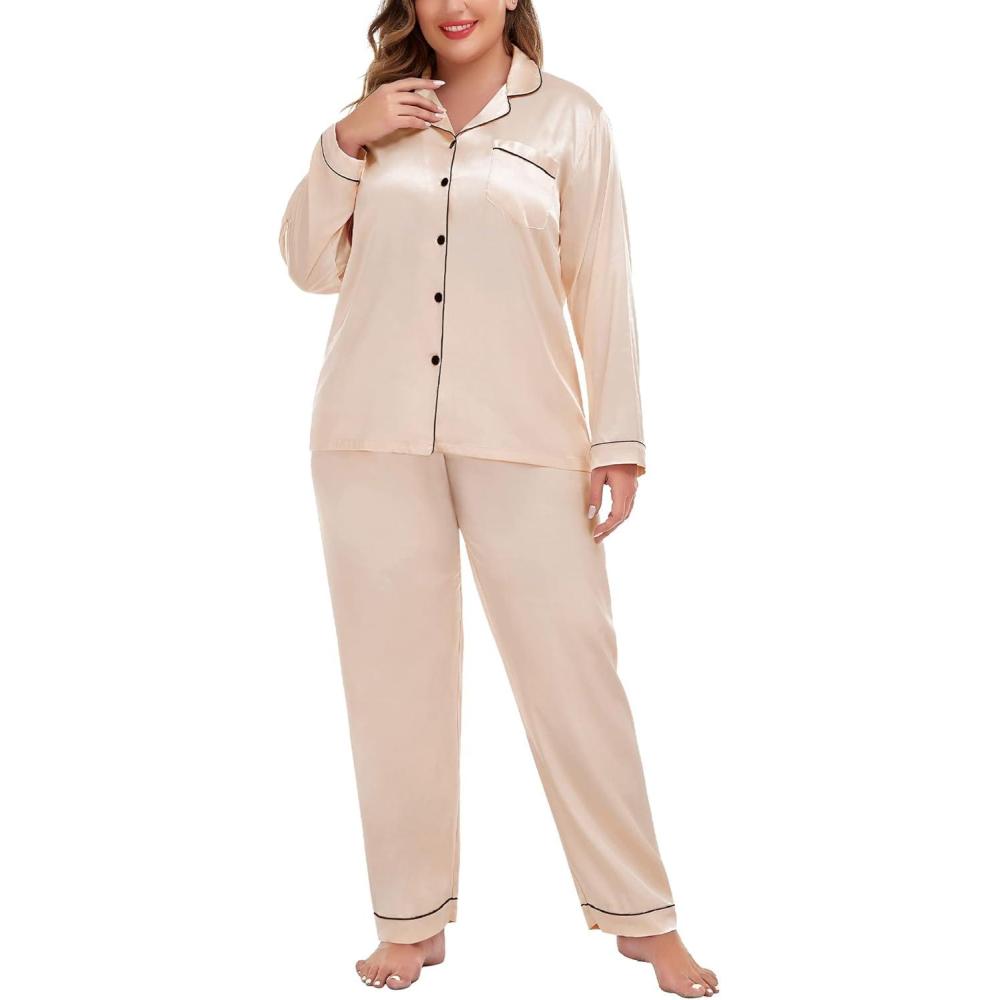 imageSWOMOG Womens Plus Size Pajamas Silky Pajama Set Button Down Sleepwear Classic Silk Pj Set Ladies Two Piece Loungewear SetChampagne