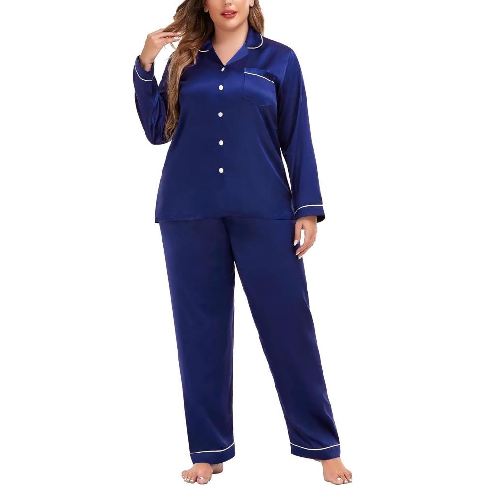 imageSWOMOG Womens Plus Size Pajamas Silky Pajama Set Button Down Sleepwear Classic Silk Pj Set Ladies Two Piece Loungewear SetPippingberry Blue
