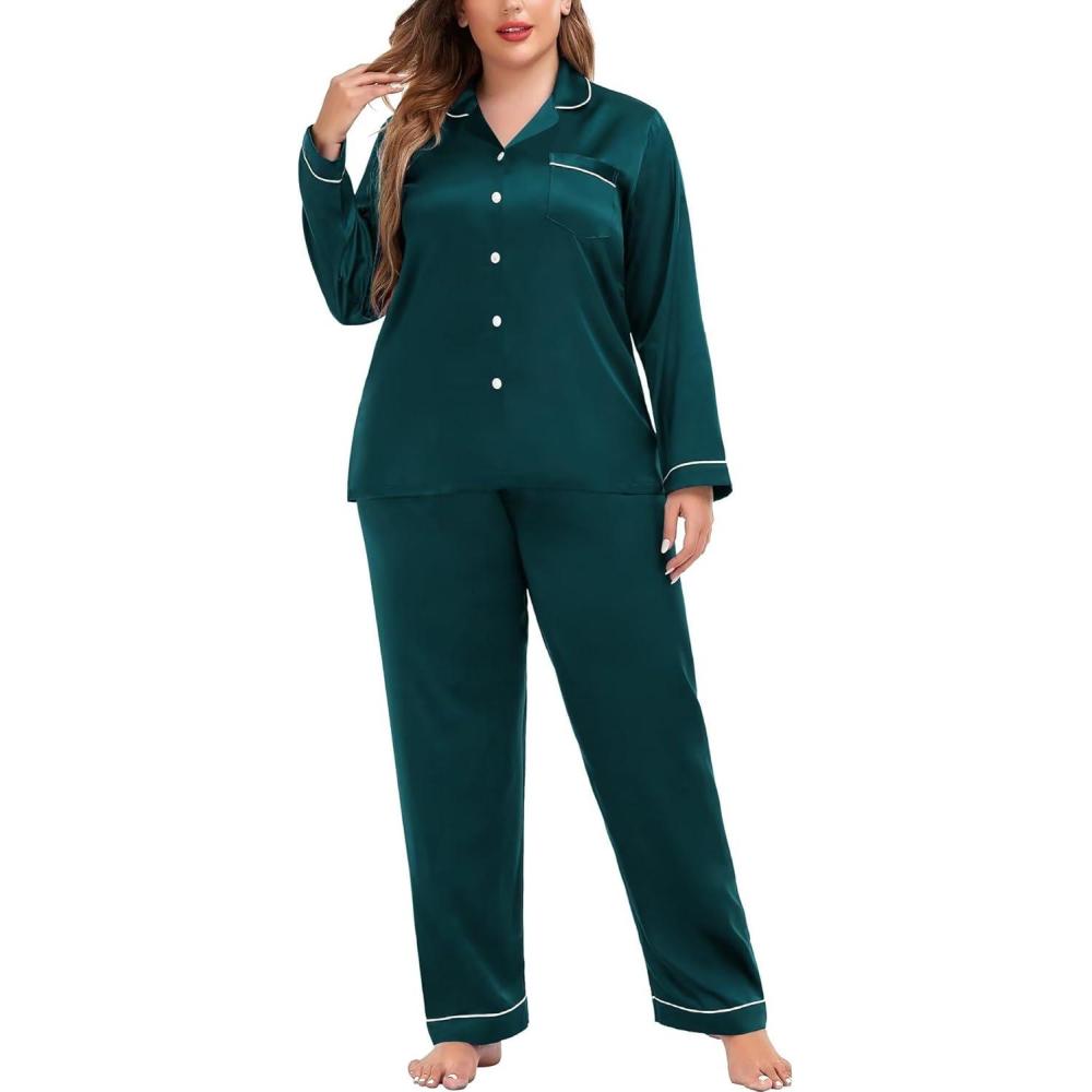 imageSWOMOG Womens Plus Size Pajamas Silky Pajama Set Button Down Sleepwear Classic Silk Pj Set Ladies Two Piece Loungewear SetPippingdeep Green