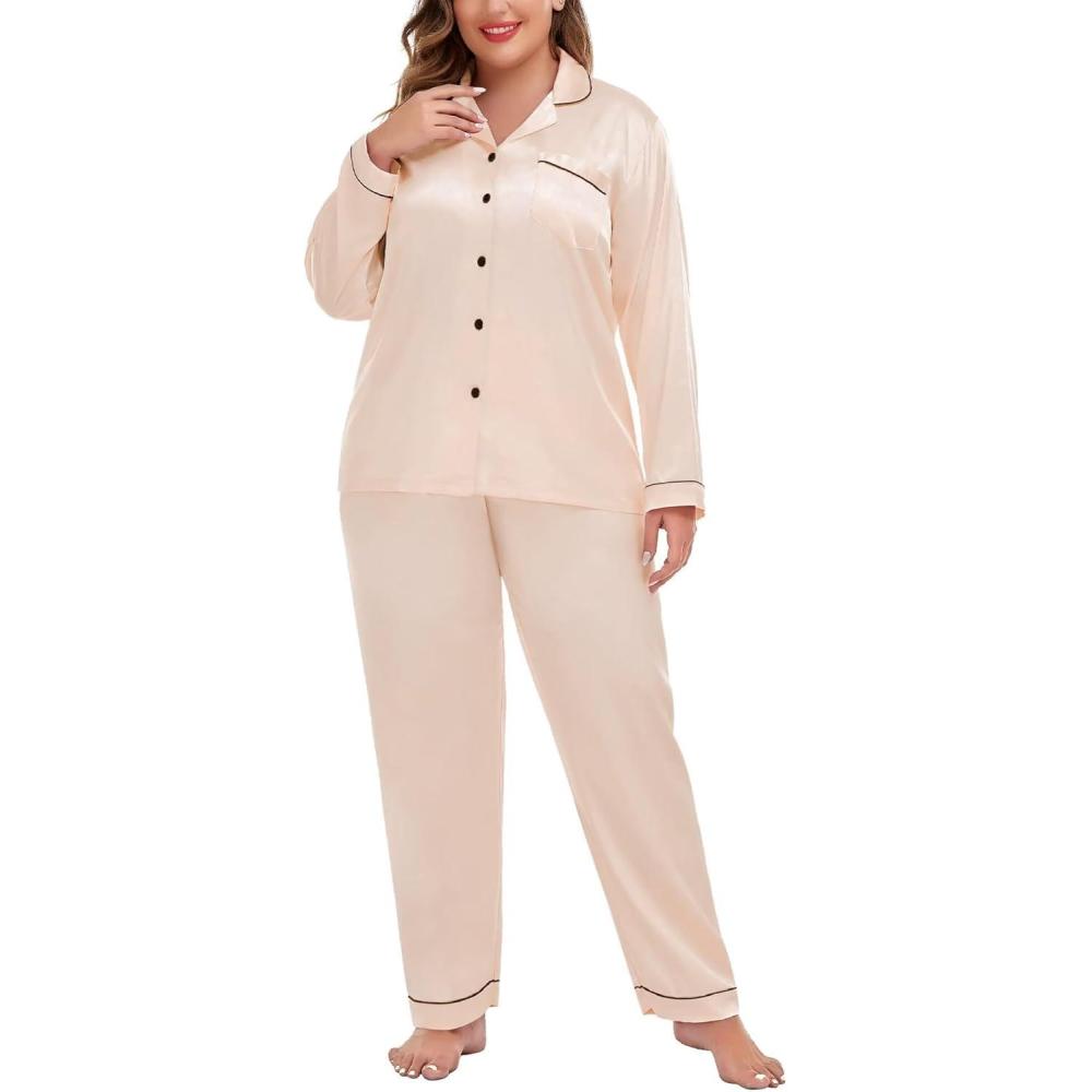 imageSWOMOG Womens Plus Size Pajamas Silky Pajama Set Button Down Sleepwear Classic Silk Pj Set Ladies Two Piece Loungewear SetPippinglight Gold