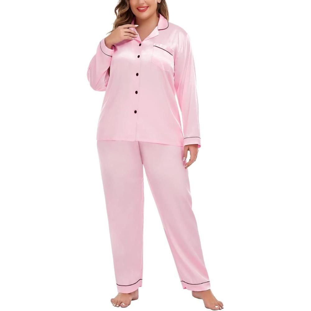 imageSWOMOG Womens Plus Size Pajamas Silky Pajama Set Button Down Sleepwear Classic Silk Pj Set Ladies Two Piece Loungewear SetPippinglight Pink